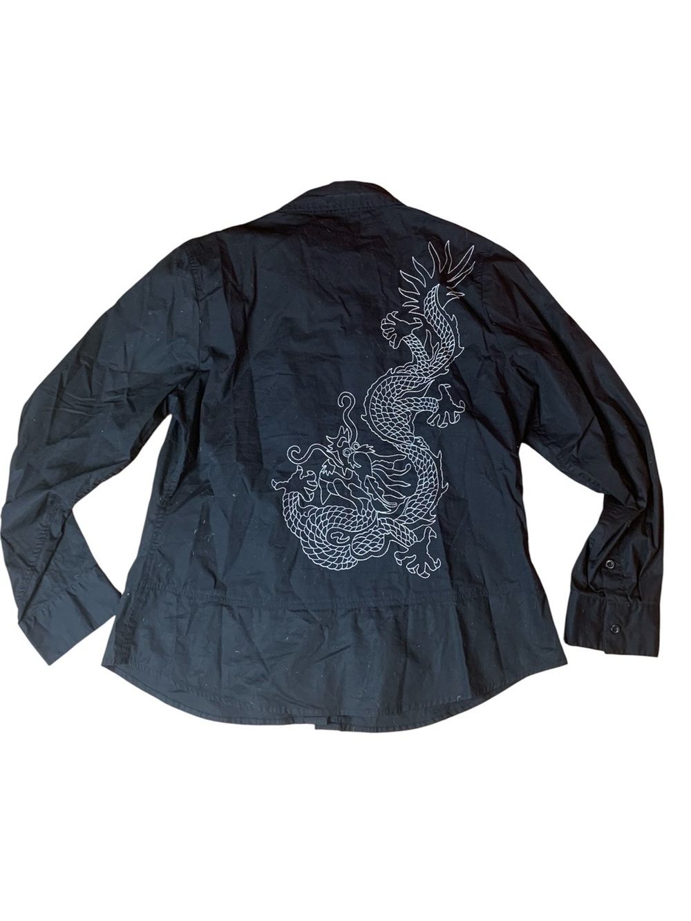Spanner Black Long Sleeve Button-Down Shirt with Dragon Embroidery – Size 14